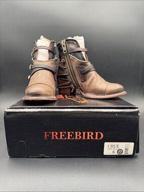 freebird Brown Leather Ankle Boots with Buckles & Side Zipper